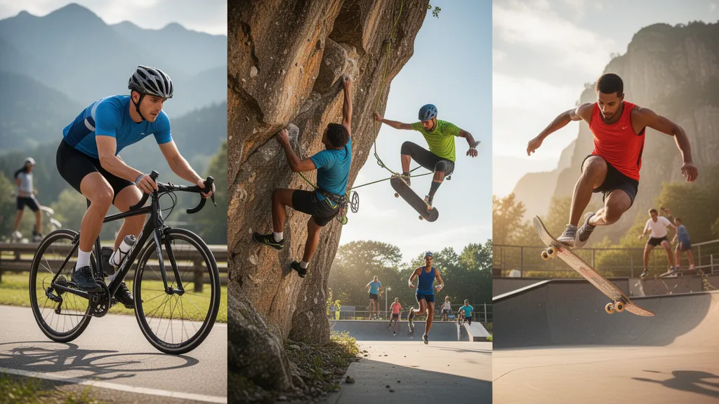 Multiple athletes from different sports competing in dynamic motion outdoors with natural lighting