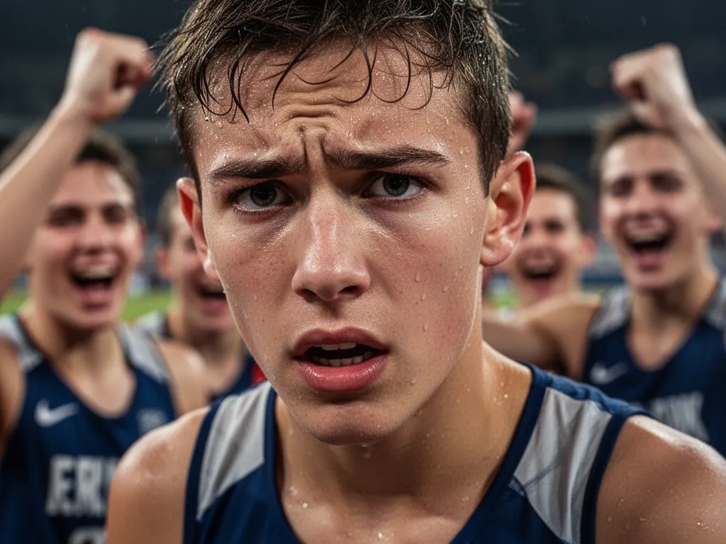 [determined young athlete's face showing focus and passion during competitive sports moment]