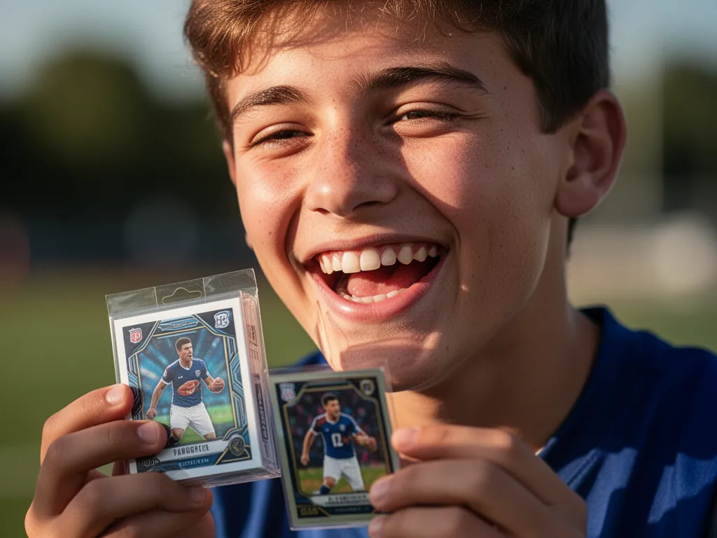 Young athlete displaying genuine happiness while holding a custom sports card repack box