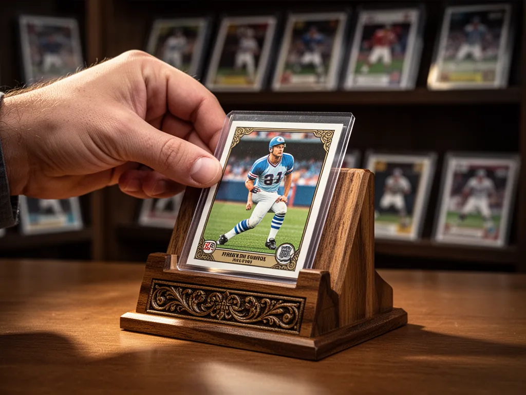 Collector's hand placing a sports card into a wooden custom stand with careful precision