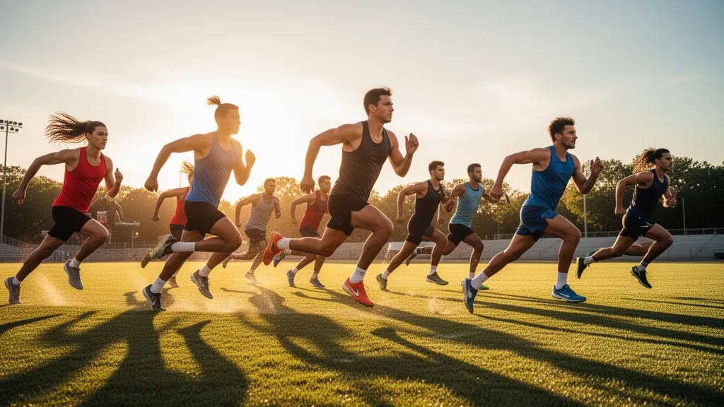Multiple athletes in motion competing outdoors with natural lighting and dynamic energy