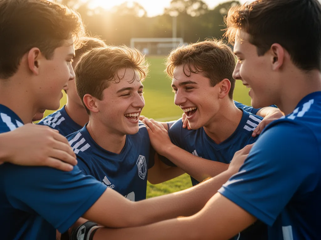 Athletes celebrating together showing genuine emotion and team connection outdoors