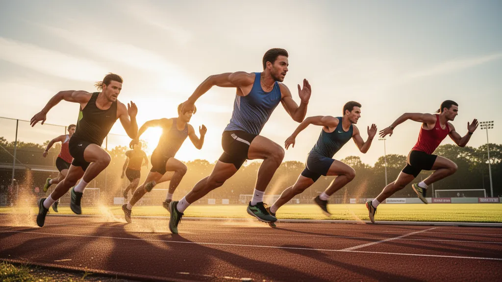 Multiple athletes competing outdoors in dynamic motion during golden hour lighting