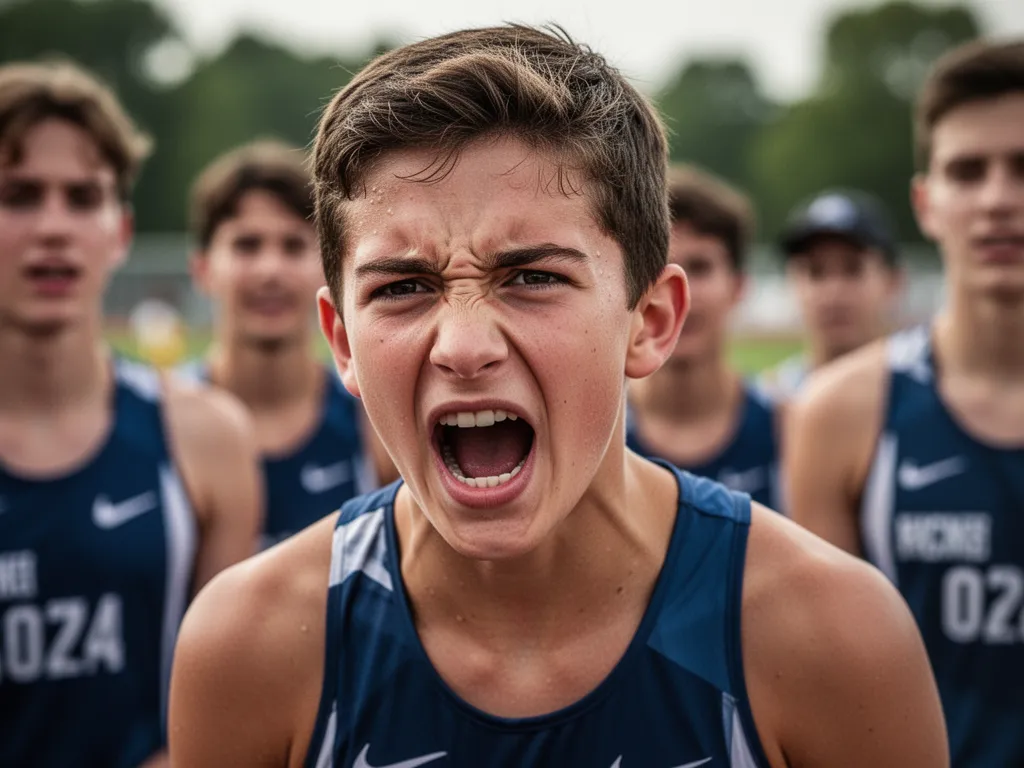 Young athlete's face showing emotion and determination with supportive teammates blurred behind