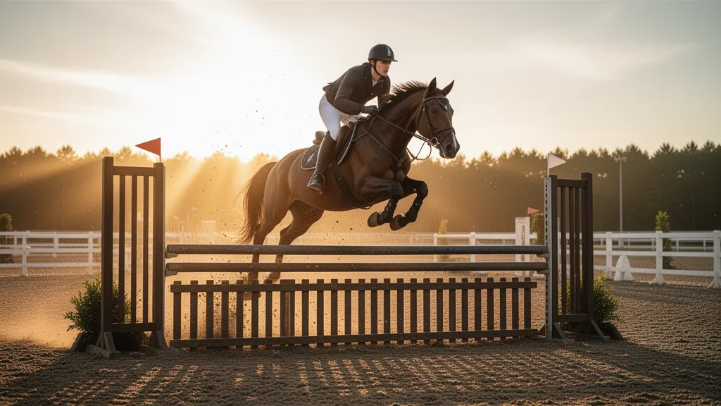 Equestrian athlete jumping horse over tall fence with dynamic motion and golden sunlight
