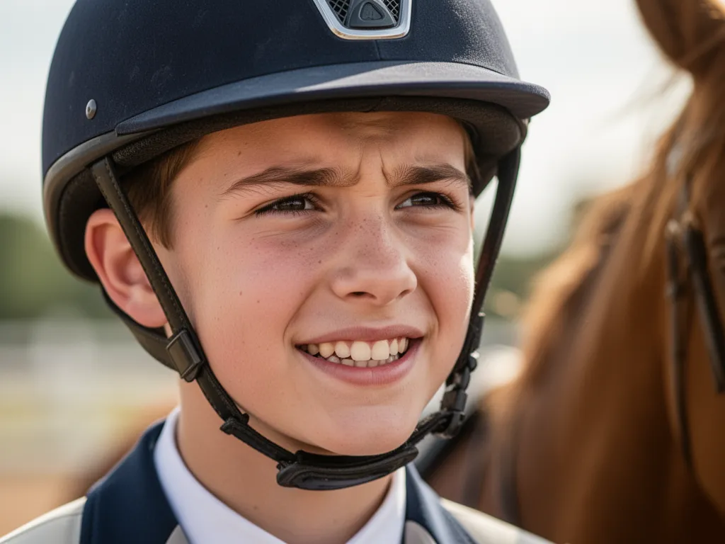 Young equestrian rider's face showing determination and pride after successful competition ride