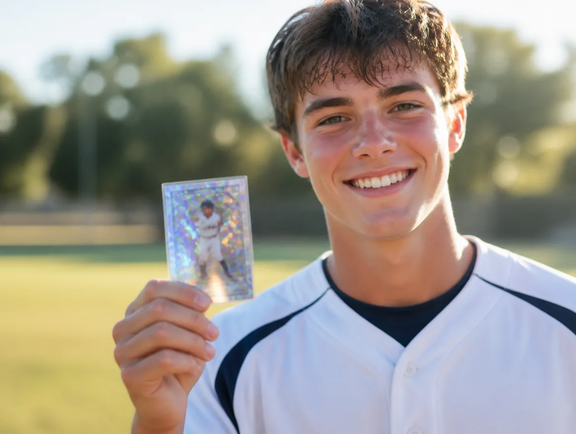 Young athlete holding up a custom sports card in its case