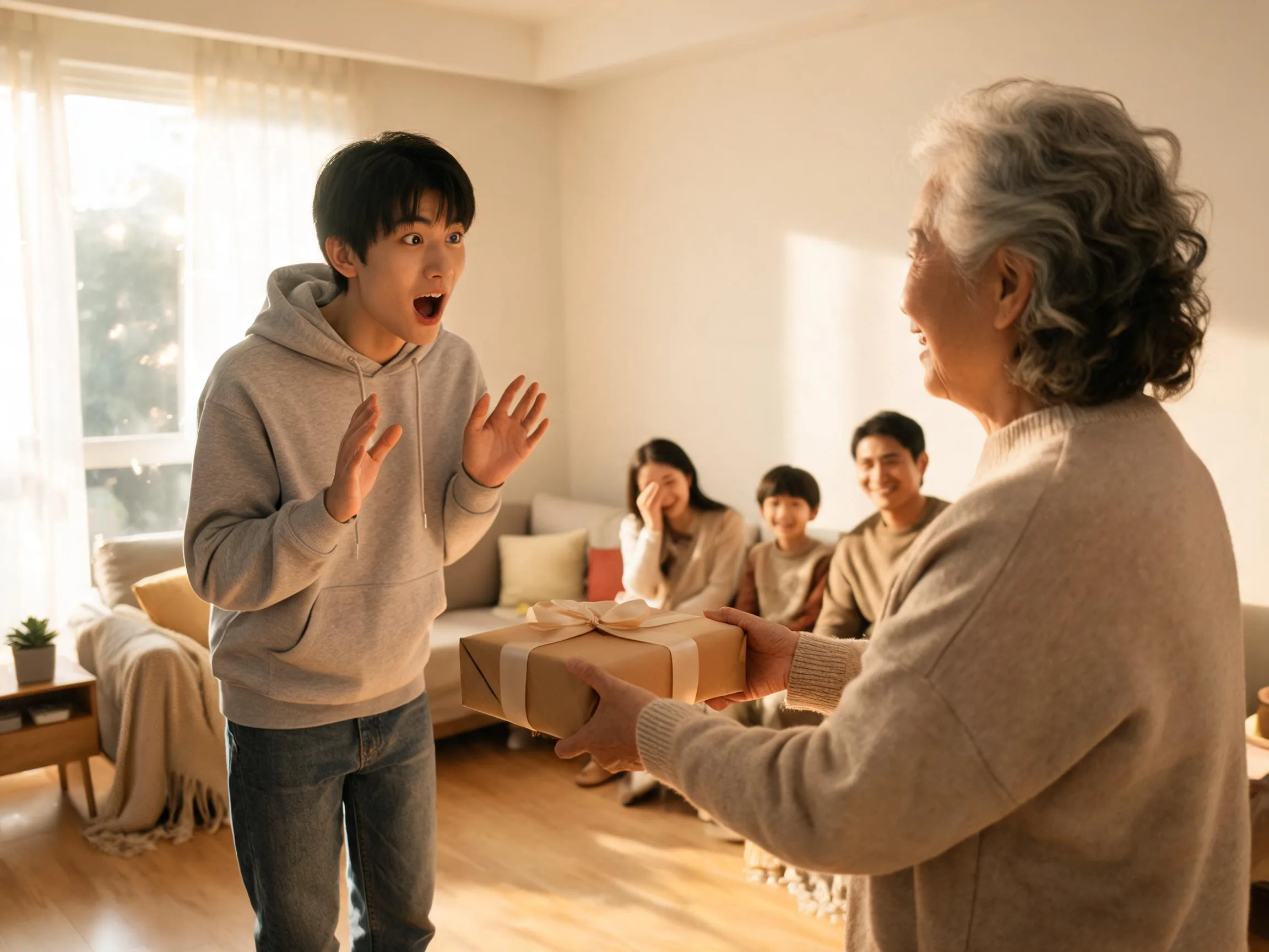 Teenager's genuine surprised reaction while being handed an unexpected gift indoors.