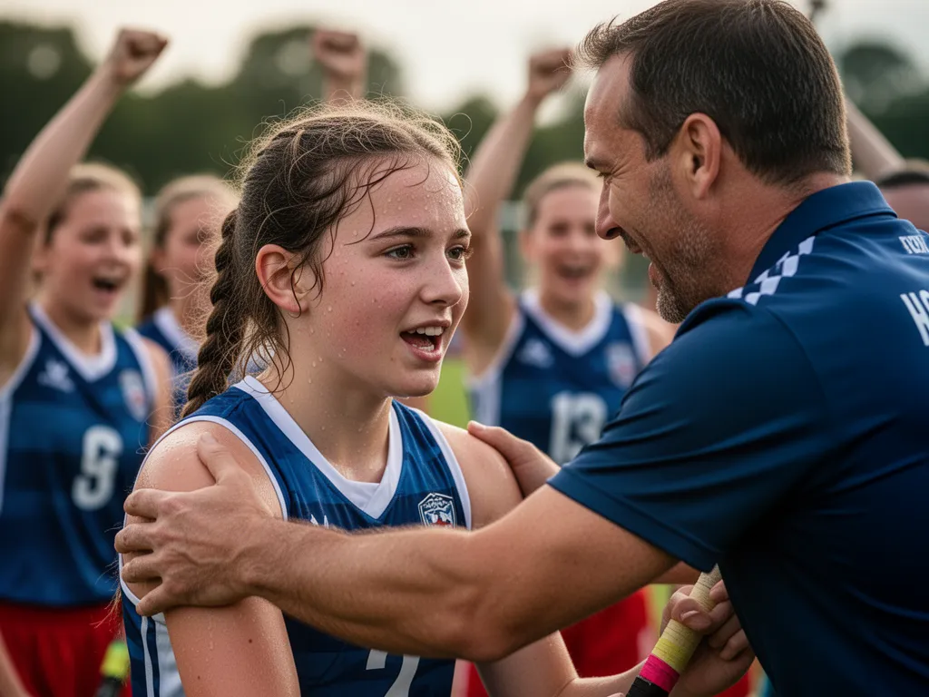 Coach embracing young field hockey player in celebratory moment after successful game performance
