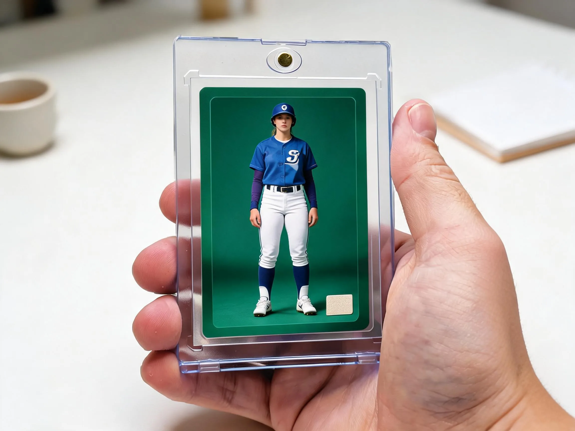 Custom keepsake trading card in a magnetic case, athlete portrait on green background.