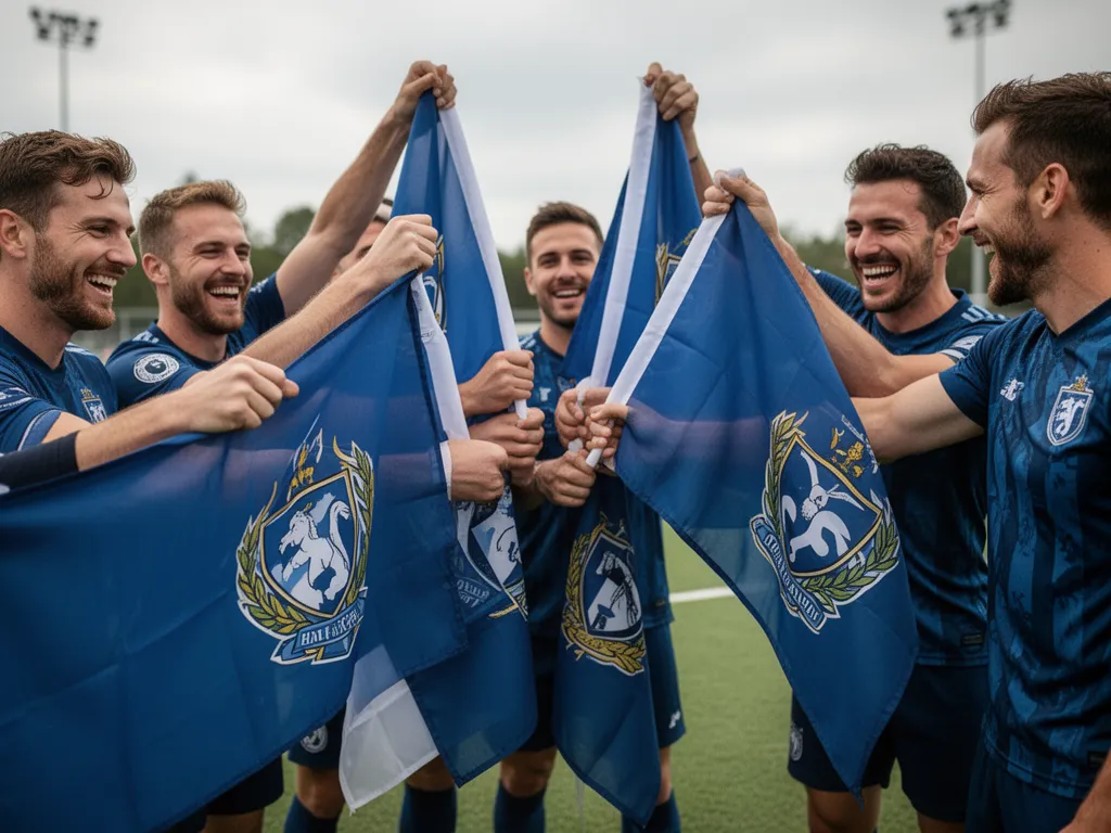 Team members celebrating together while holding custom sports flags with genuine emotion and pride