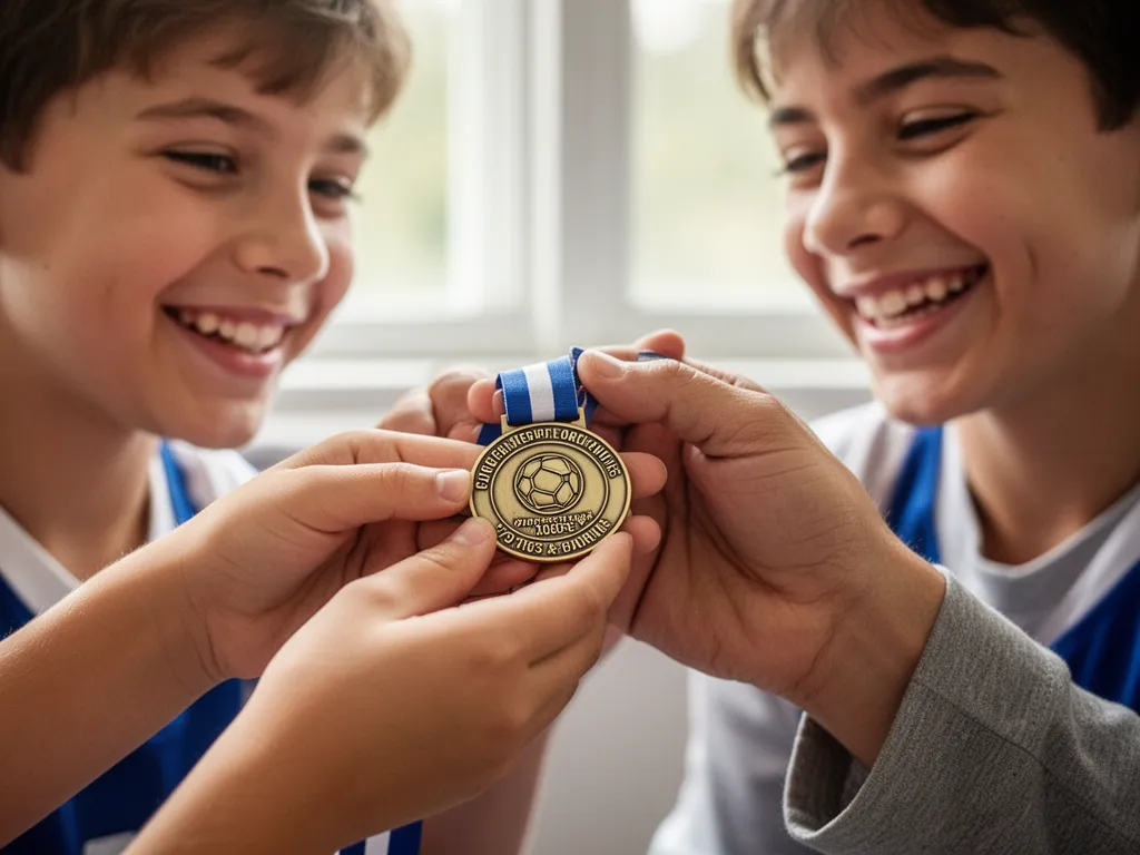 Parent giving custom sports medal to smiling child athlete in touching family celebration moment