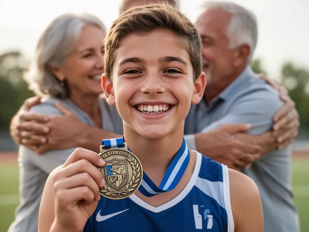 Proud young athlete smiling while holding custom medal with celebrating family in background