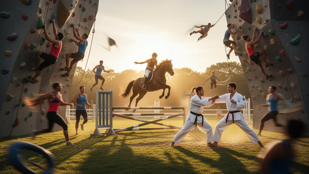 Multiple athletes competing in different sports with dynamic motion and natural outdoor lighting.