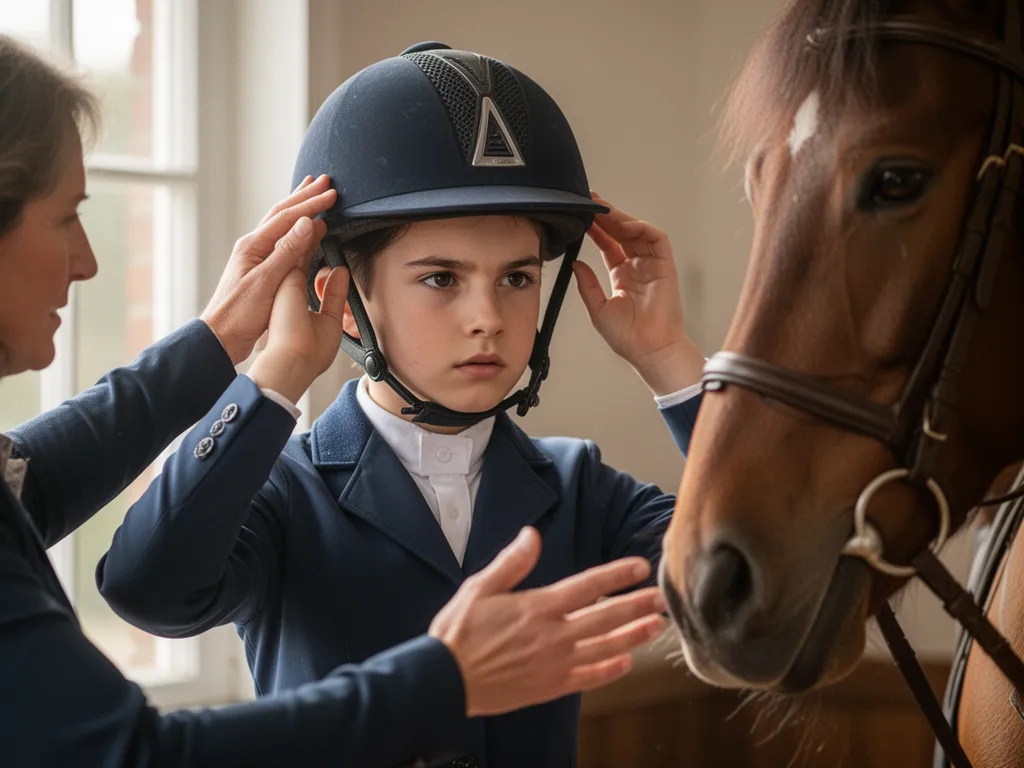 Young equestrian athlete preparing for competition with coach's supportive guidance nearby.