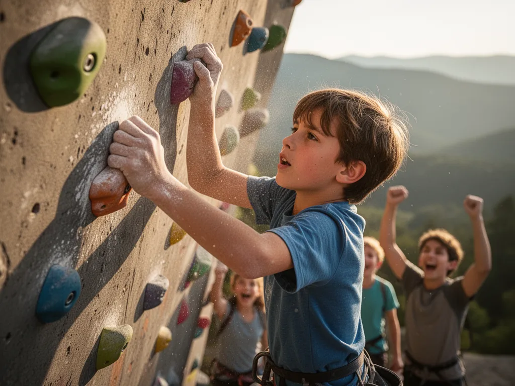 Young rock climber concentrating intensely while climbing indoor wall with family supporting below