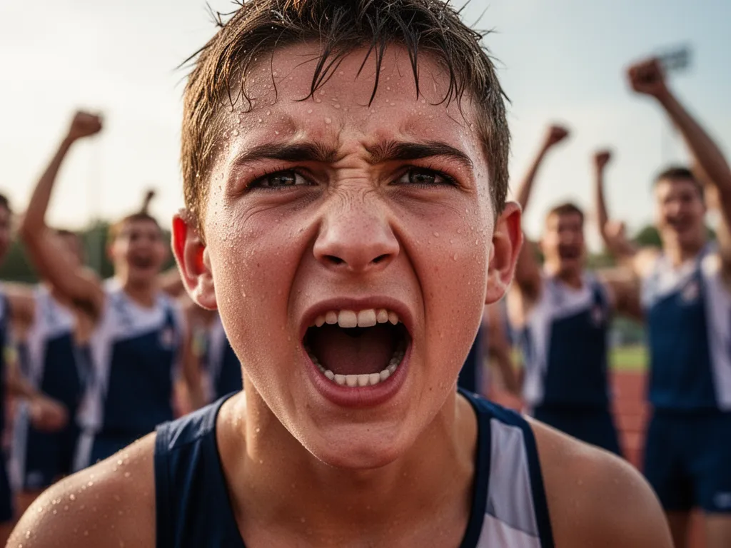 Close-up of determined athlete's face with visible emotion and sweat during competitive moment with celebrating supporters blurred behind