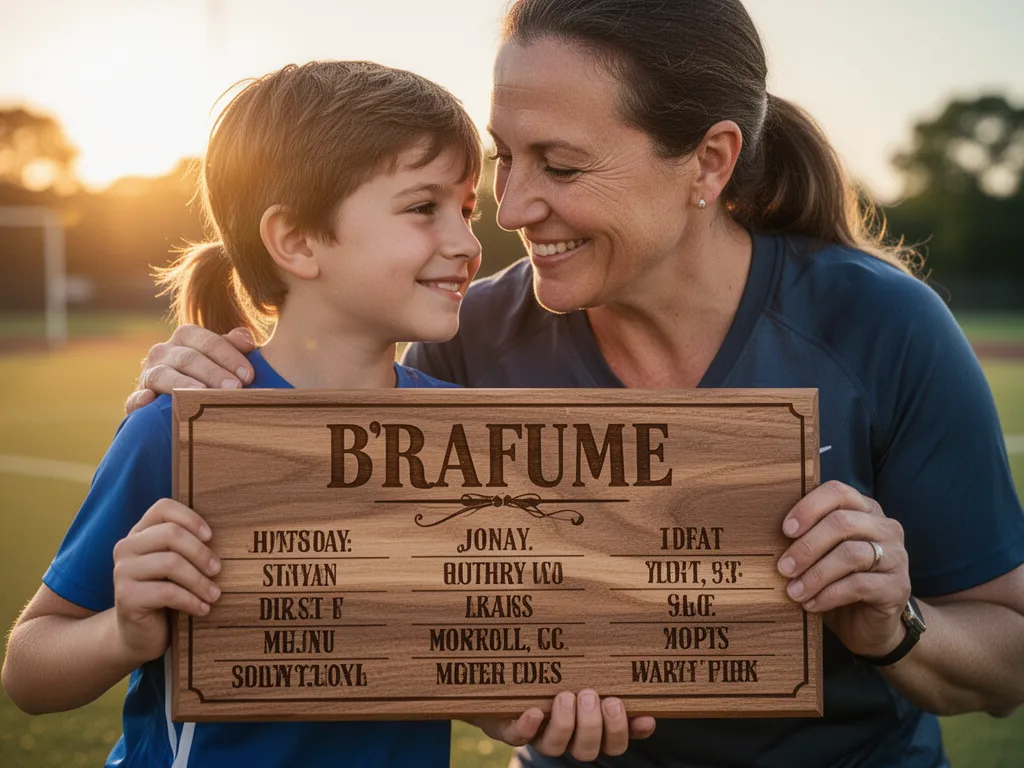 Parent and child athlete posing together while holding personalized wooden sports sign in golden sunlight