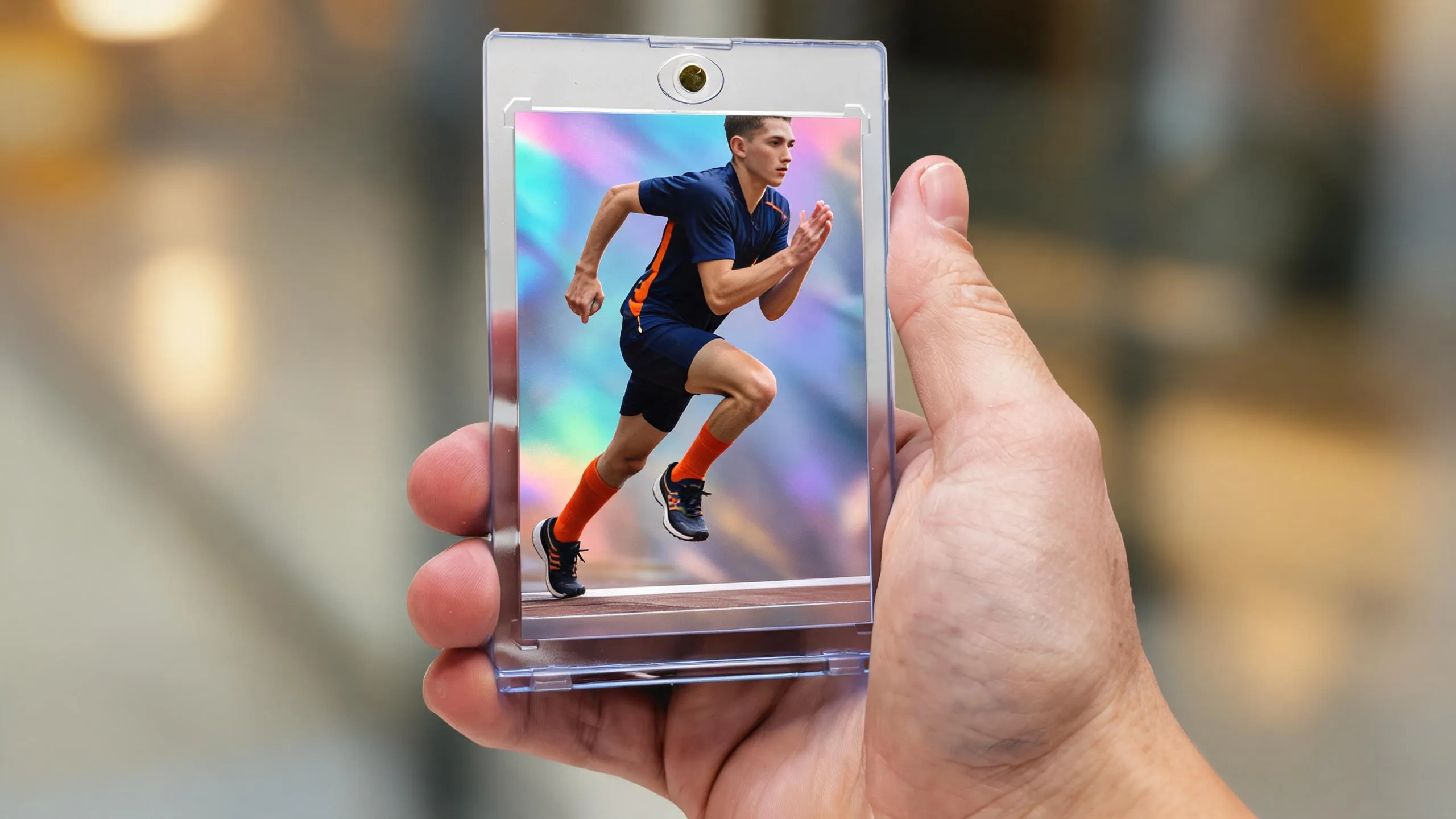 Hand holding custom sports trading cards in a magnetic case, sprinter card lit in golden-hour light.