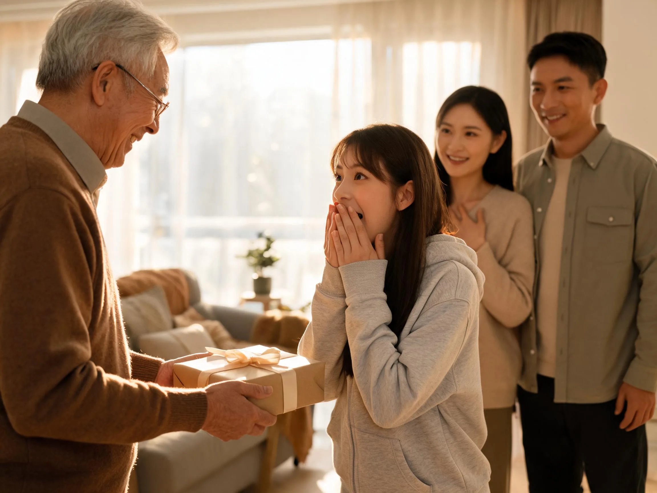 Grandfather surprising his granddaughter with an unexpected gift in warm natural light.