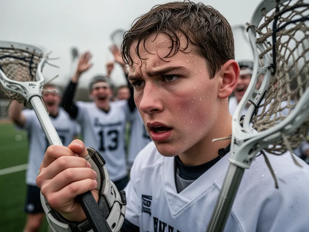 Young lacrosse player in intense focus gripping equipment with celebrating teammates blurred behind