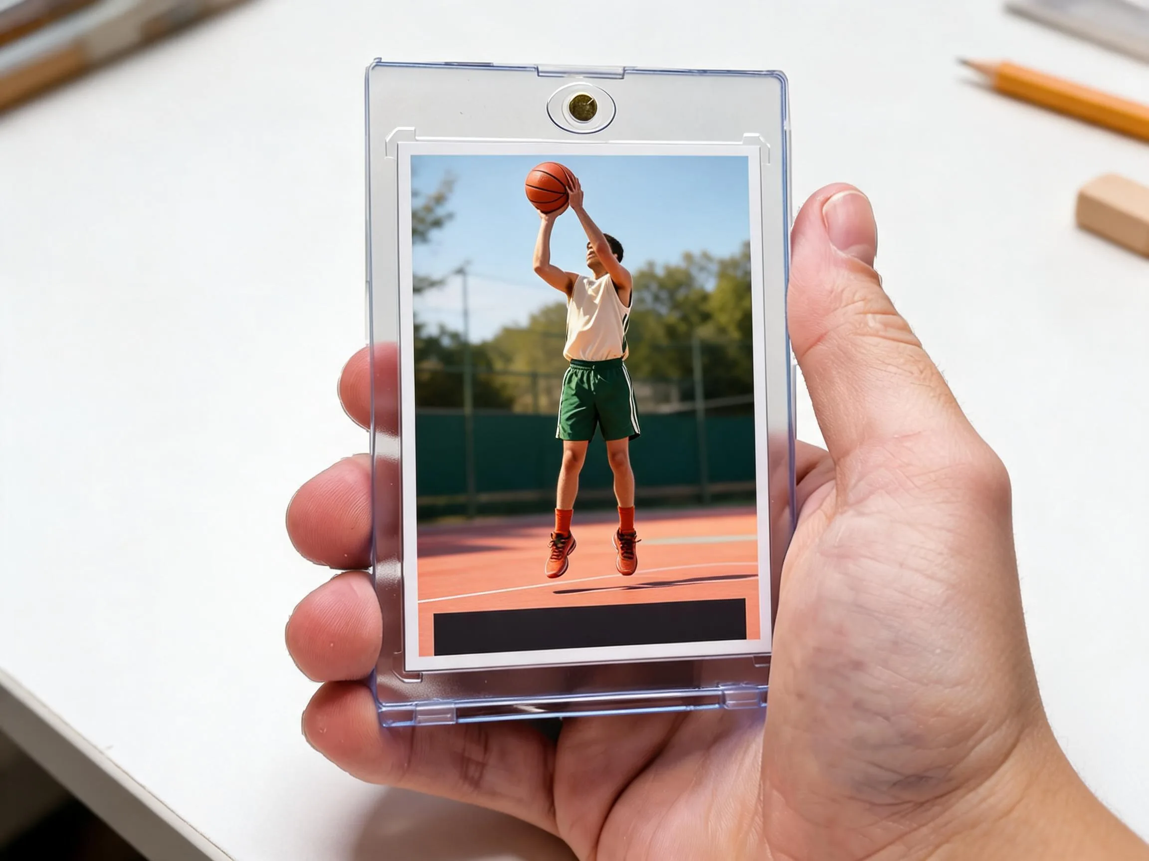 Custom keepsake trading card of a basketball player displayed in a clear magnetic case.