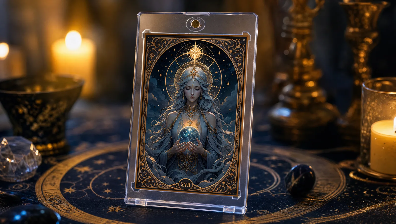 Custom tarot card with original mystical art in a display case