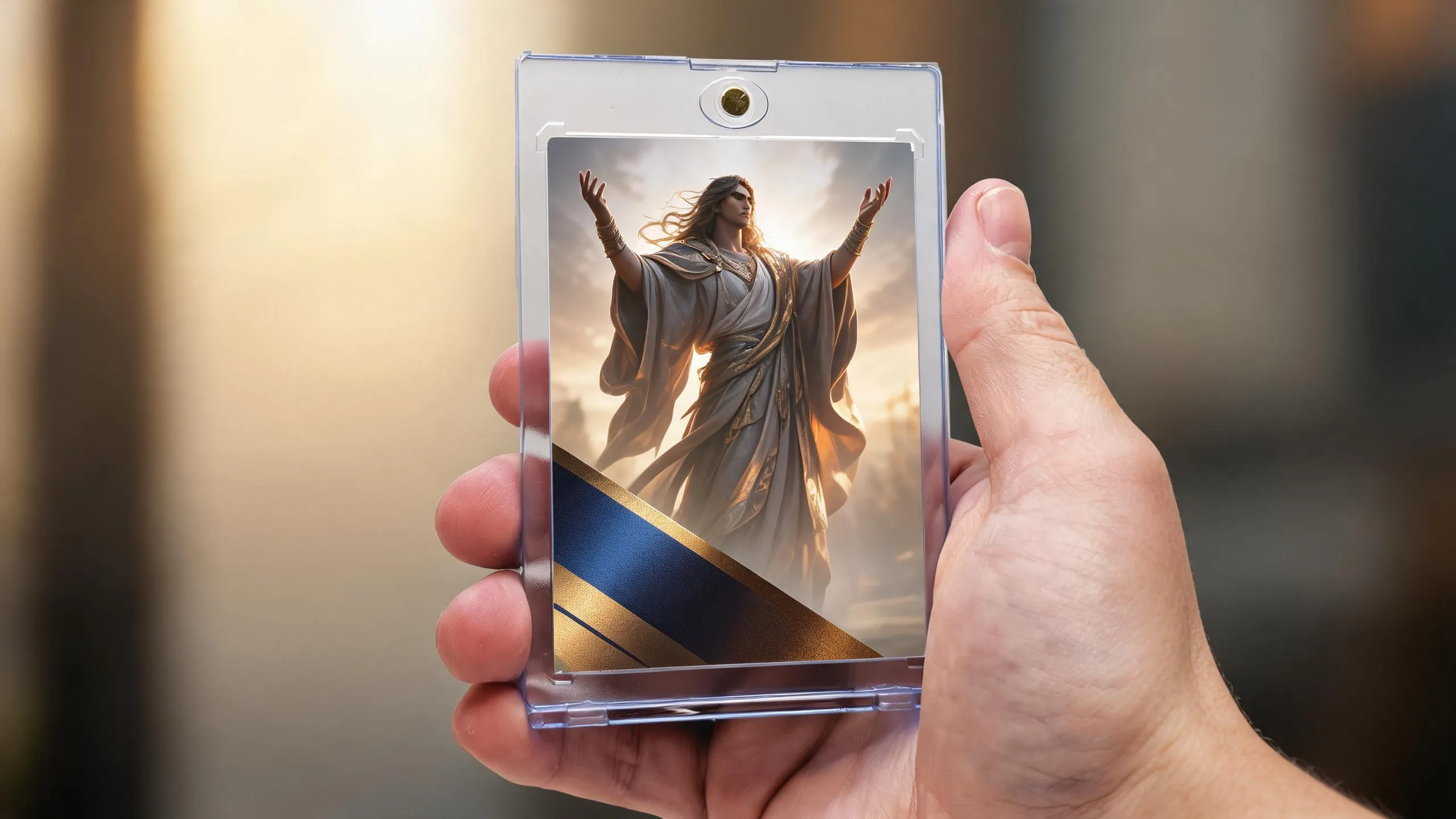 Hand holding custom tarot cards in a clear magnetic case with mystic figure design