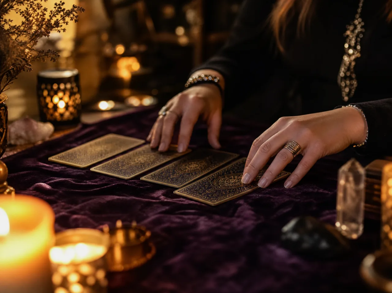 Hands laying out tarot cards on velvet during a candlelit reading