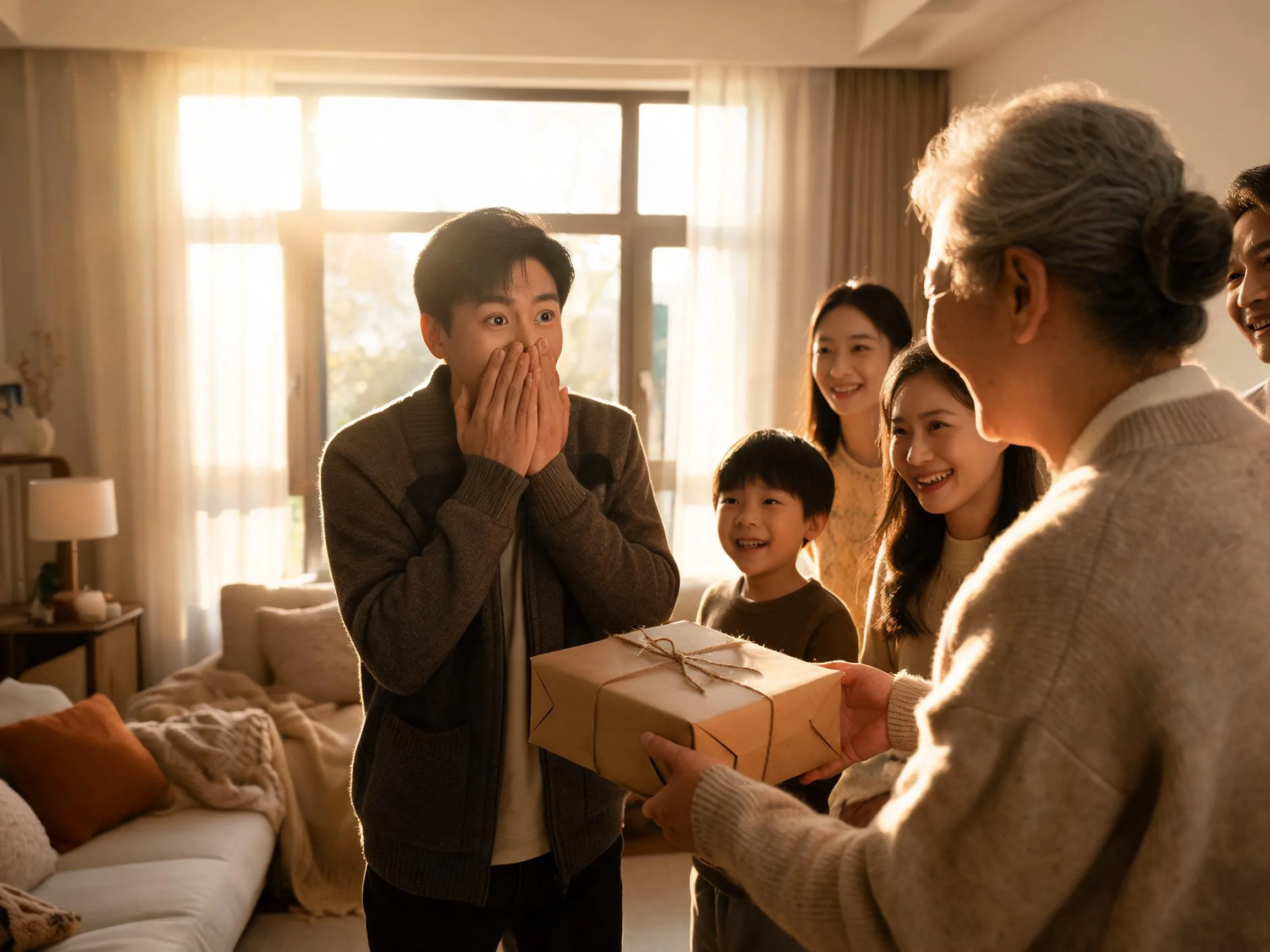 Family member reacting with joyful surprise to an unexpected wrapped gift indoors