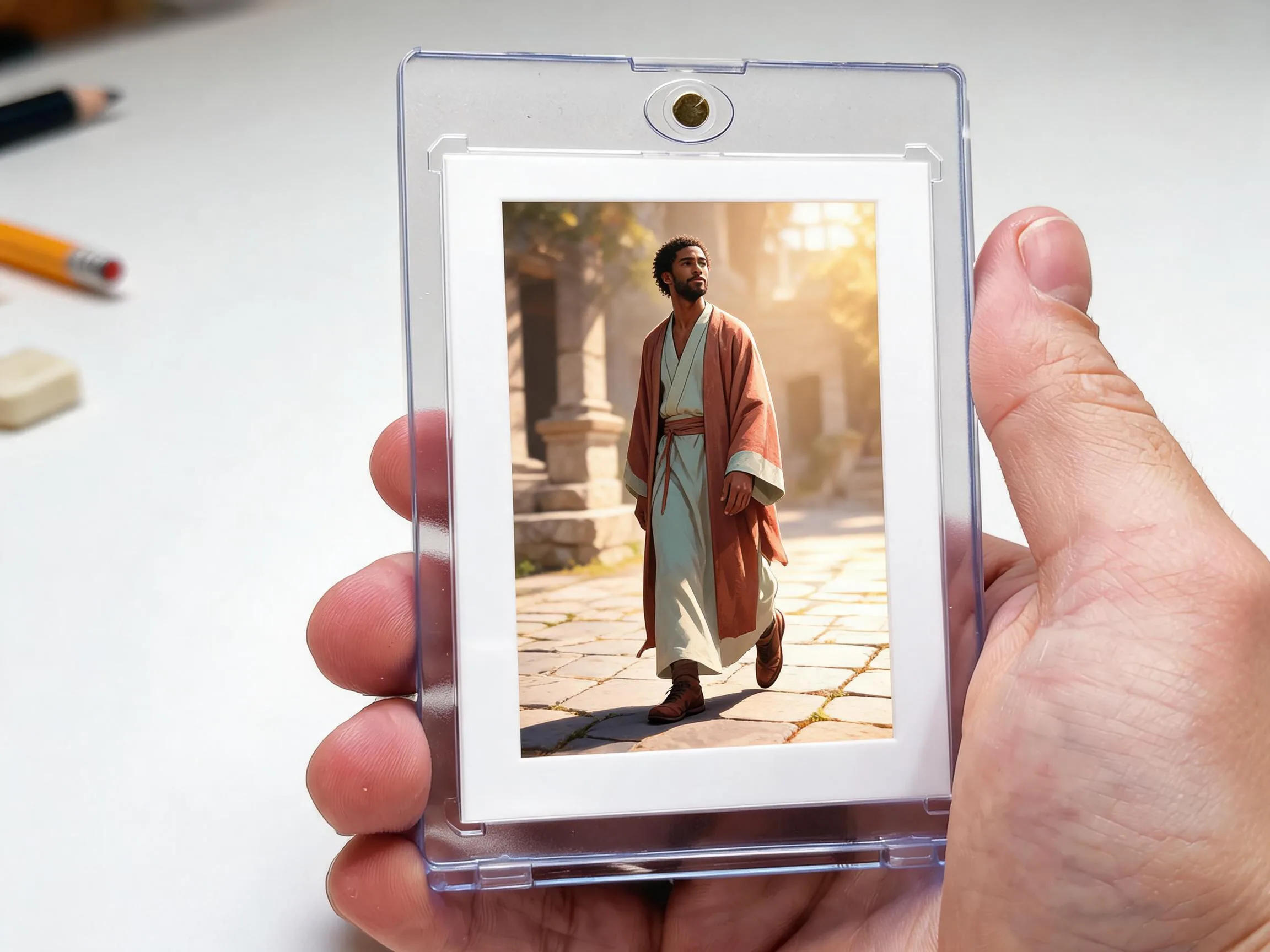 Custom keepsake trading card in a magnetic case on a white tabletop