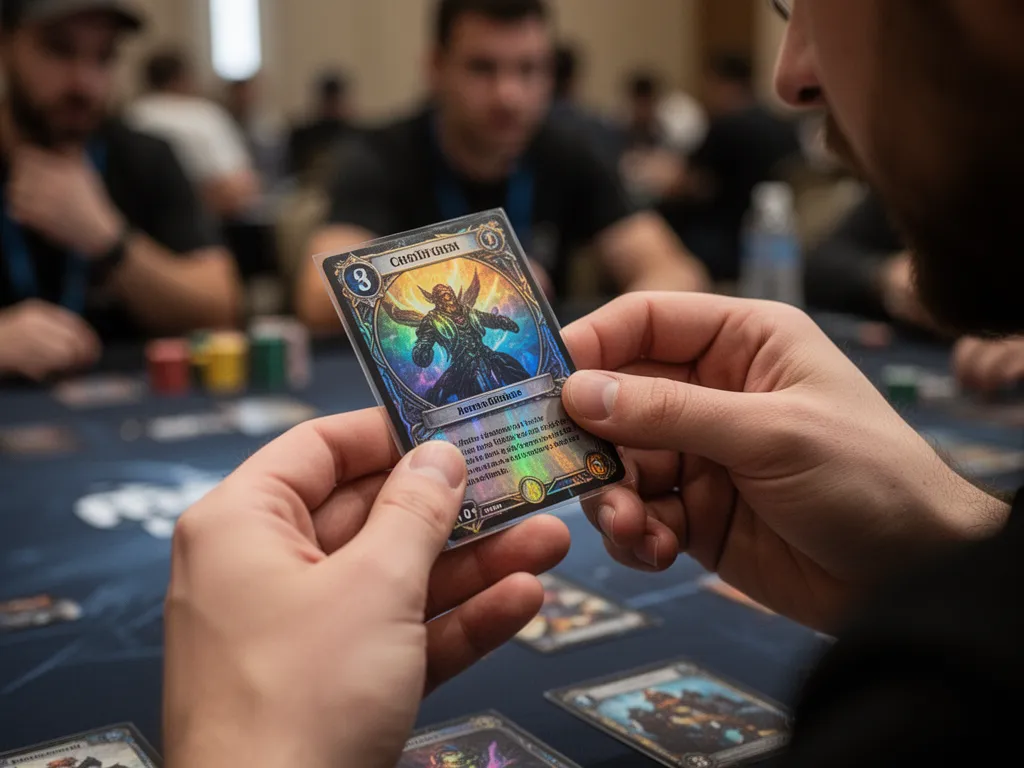Player's hands holding and admiring a rare custom holographic trading card with genuine emotion.