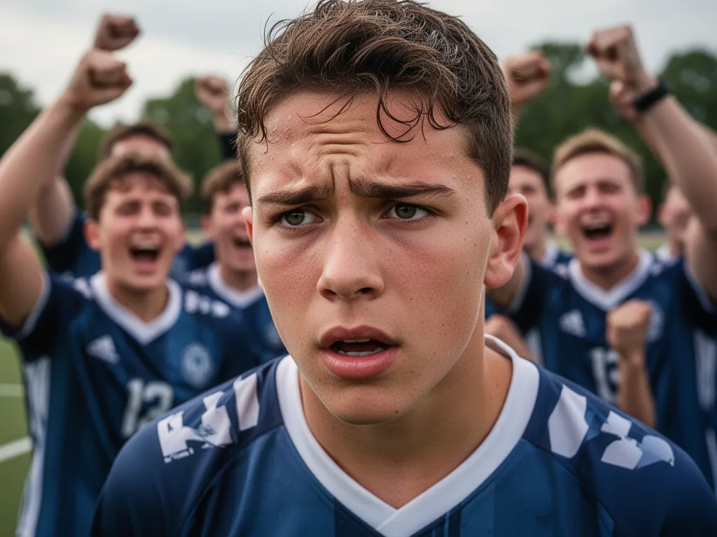 [Young athlete's focused expression with celebrating teammates blurred in background showing team support]