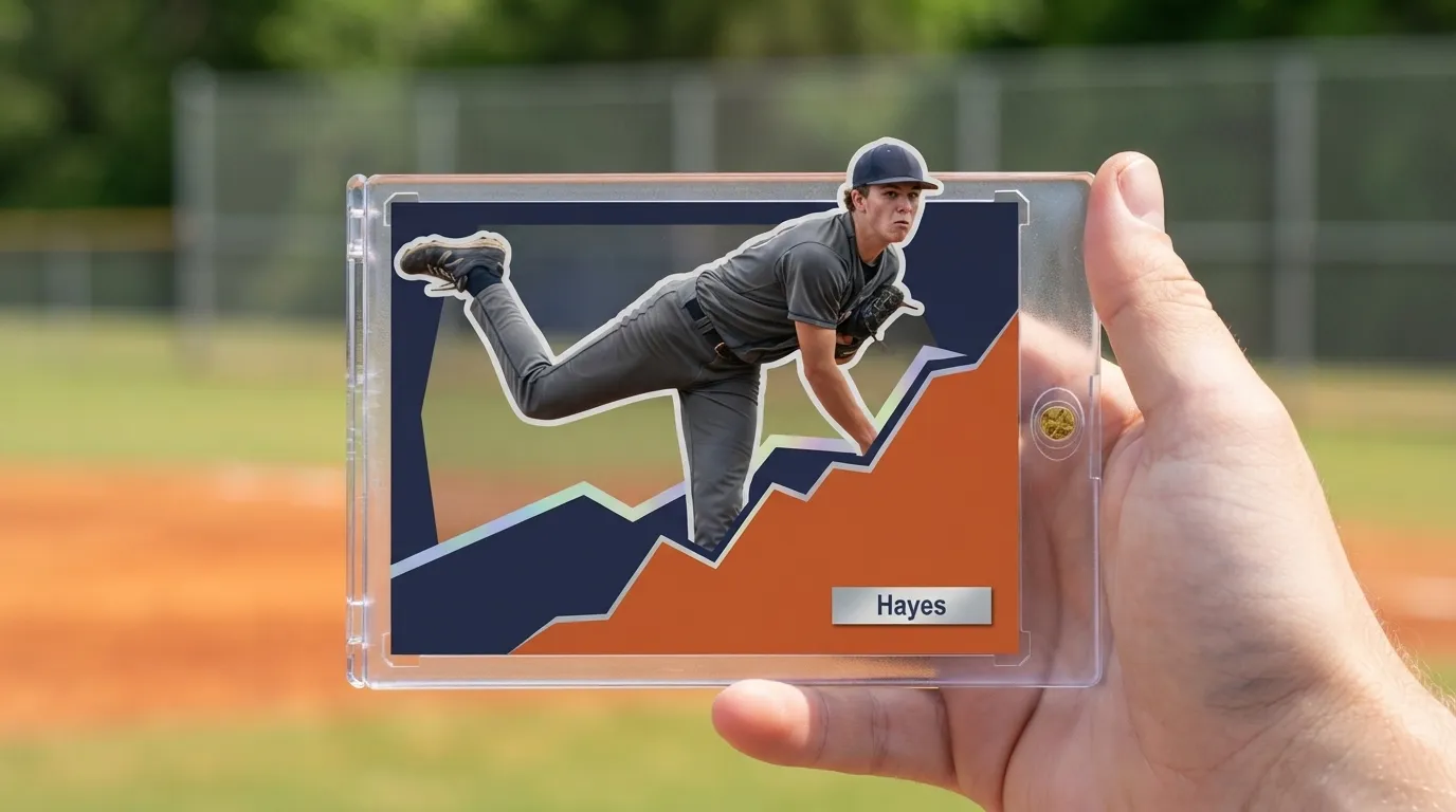 Hand holding magnetic case with custom team baseball card featuring diagonal color-block pitcher design.