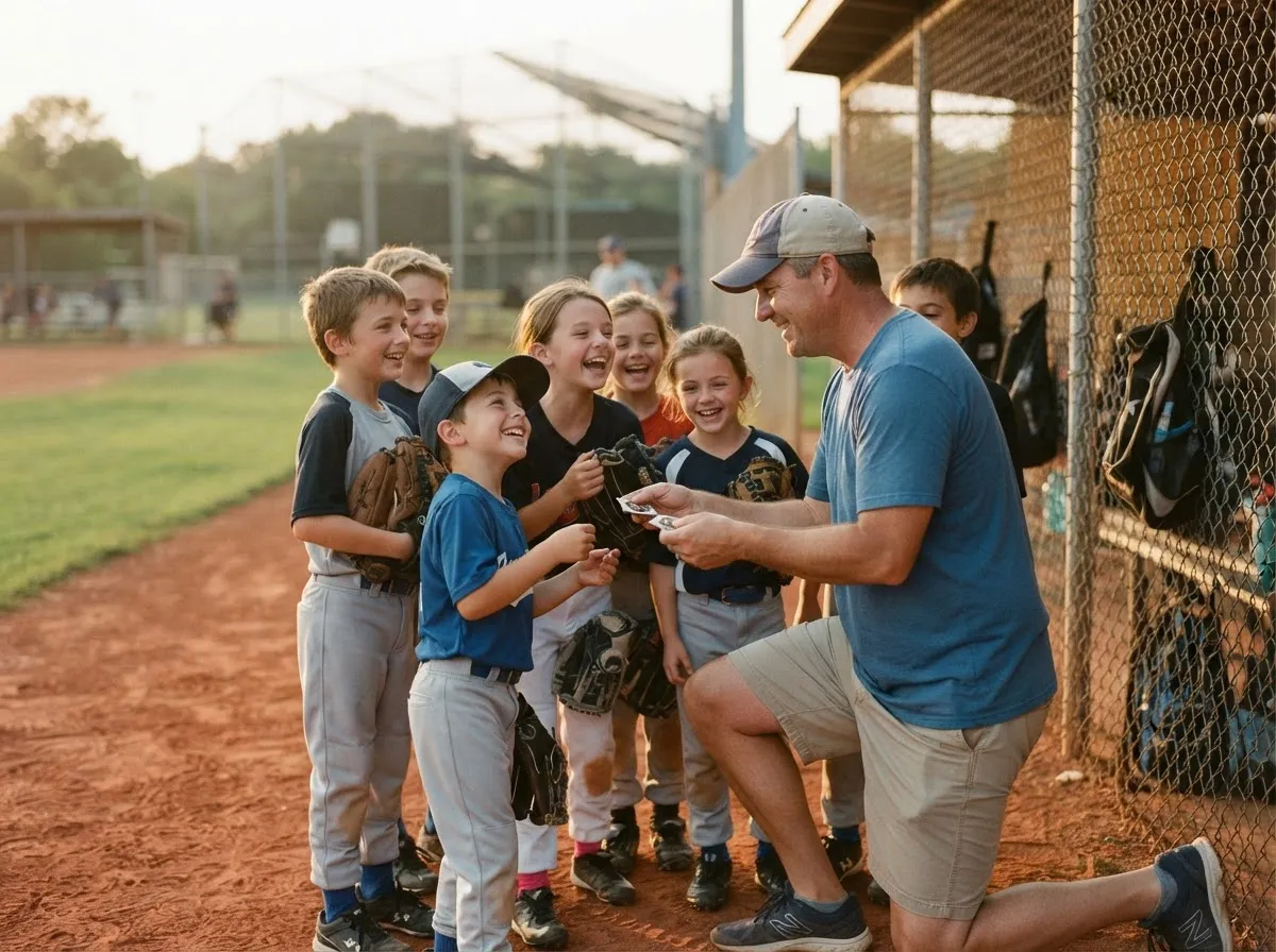Youth baseball coach smiling with team huddled together near dugout at sunset.