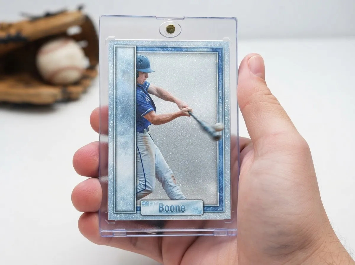 Magnetic case holding custom baseball trading card with icy blue refractor batter design.