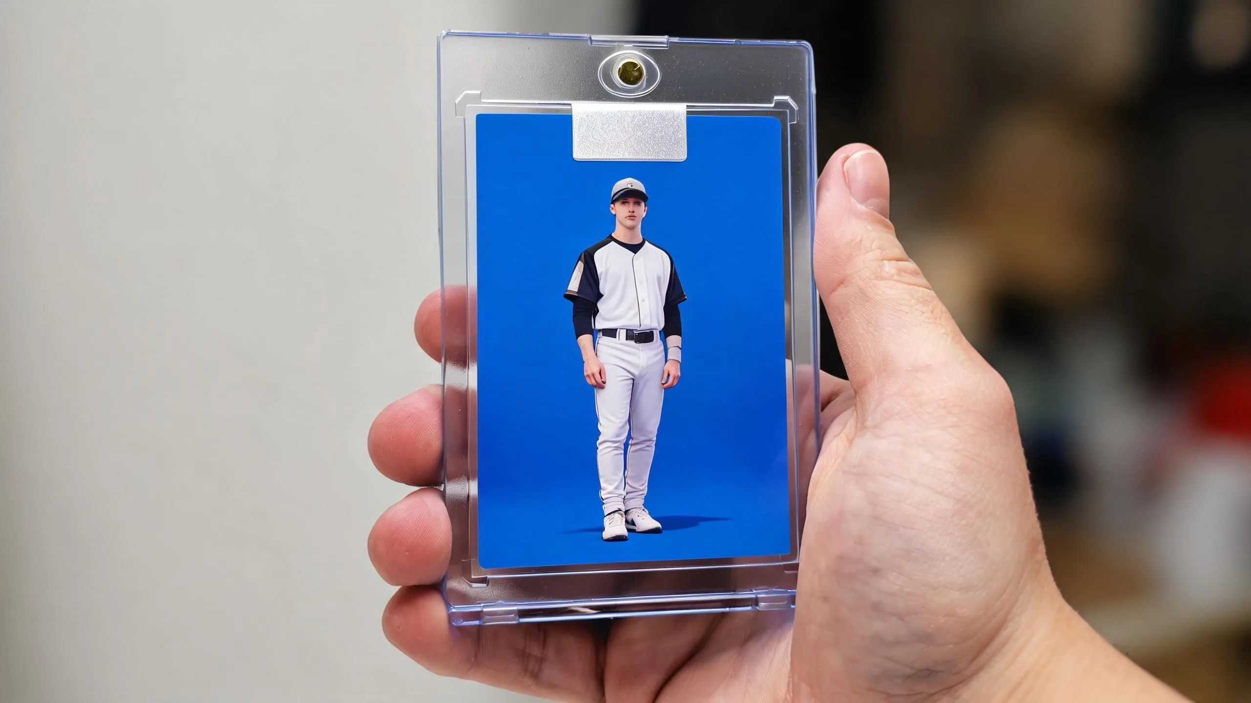 Hand holding custom team trading cards in a clear magnetic display case