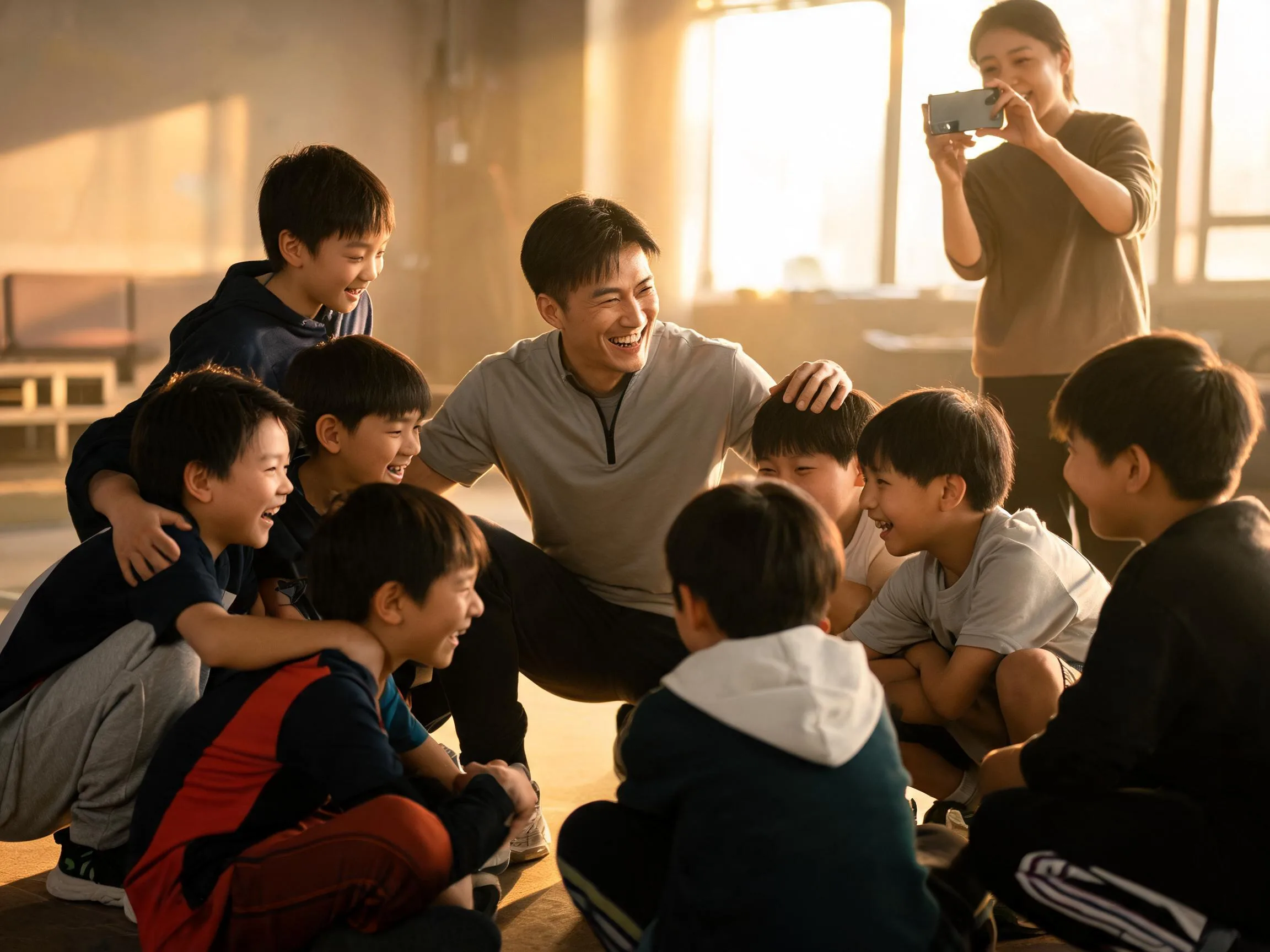 Coach and youth sports team sharing a warm candid huddle moment together