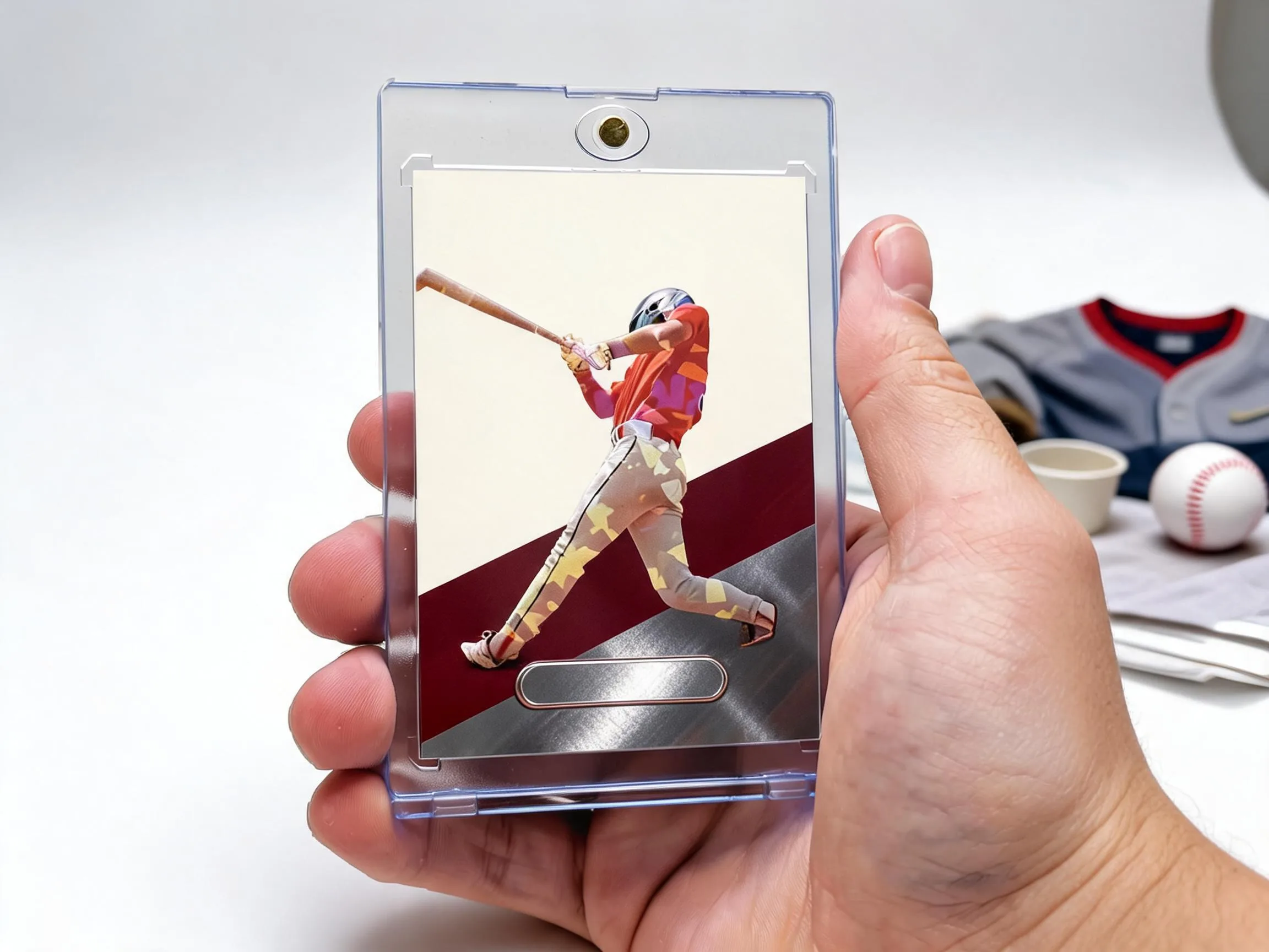 Custom keepsake trading card displayed upright in a clear magnetic case