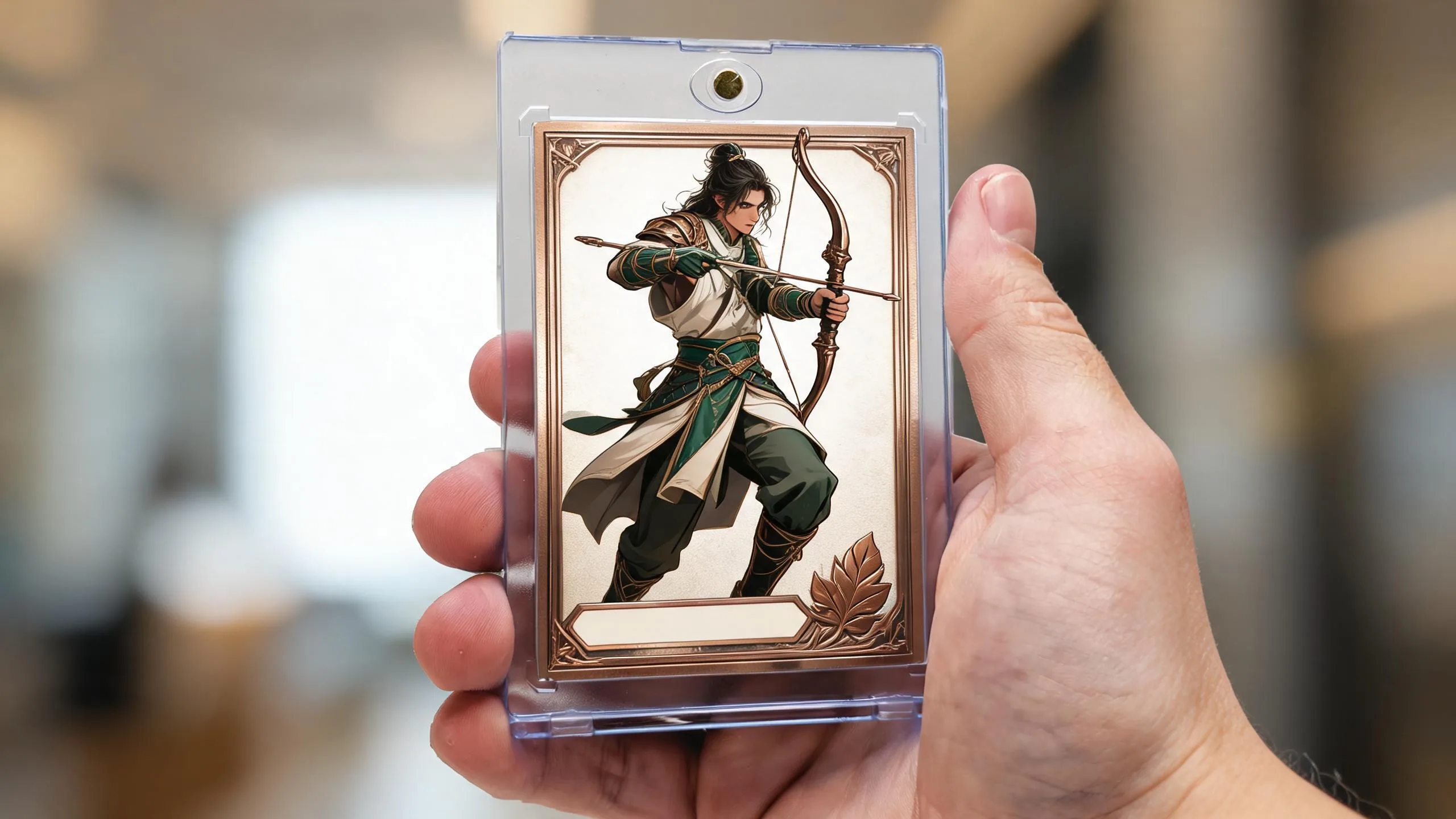 Hand holding a magnetic case with a custom tokens mtg style full-art fantasy trading card.