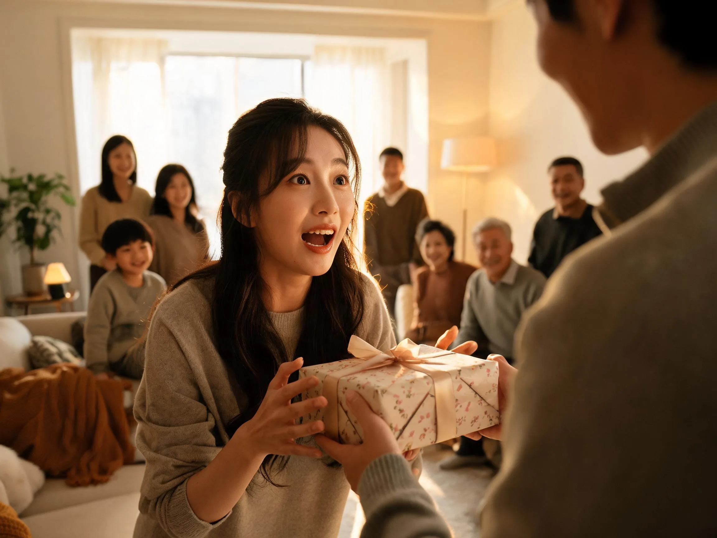 Person reacting with genuine surprise to an unexpected gift in warm natural light.