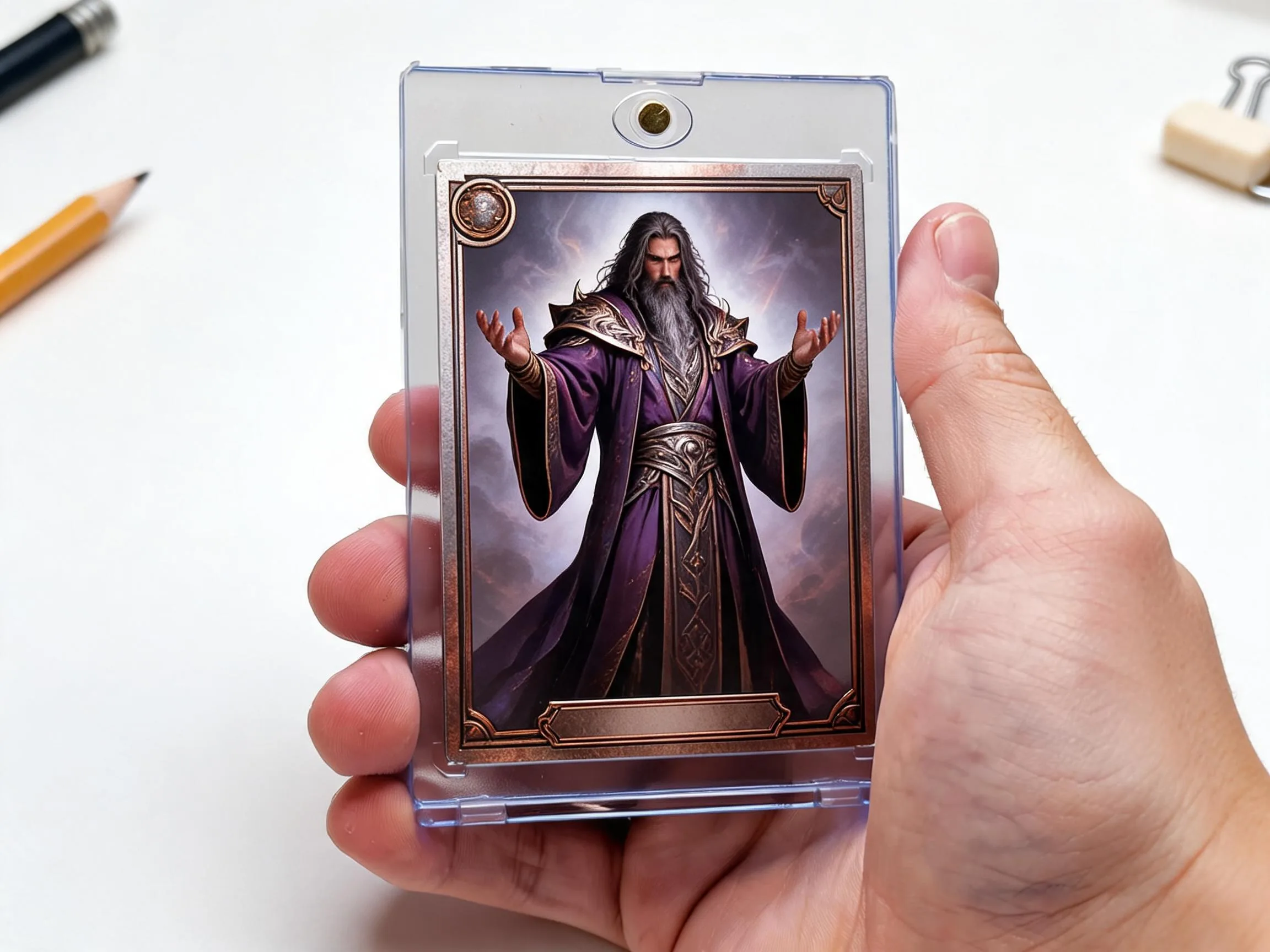 Custom keepsake trading card in a clear magnetic case displayed on a white tabletop.