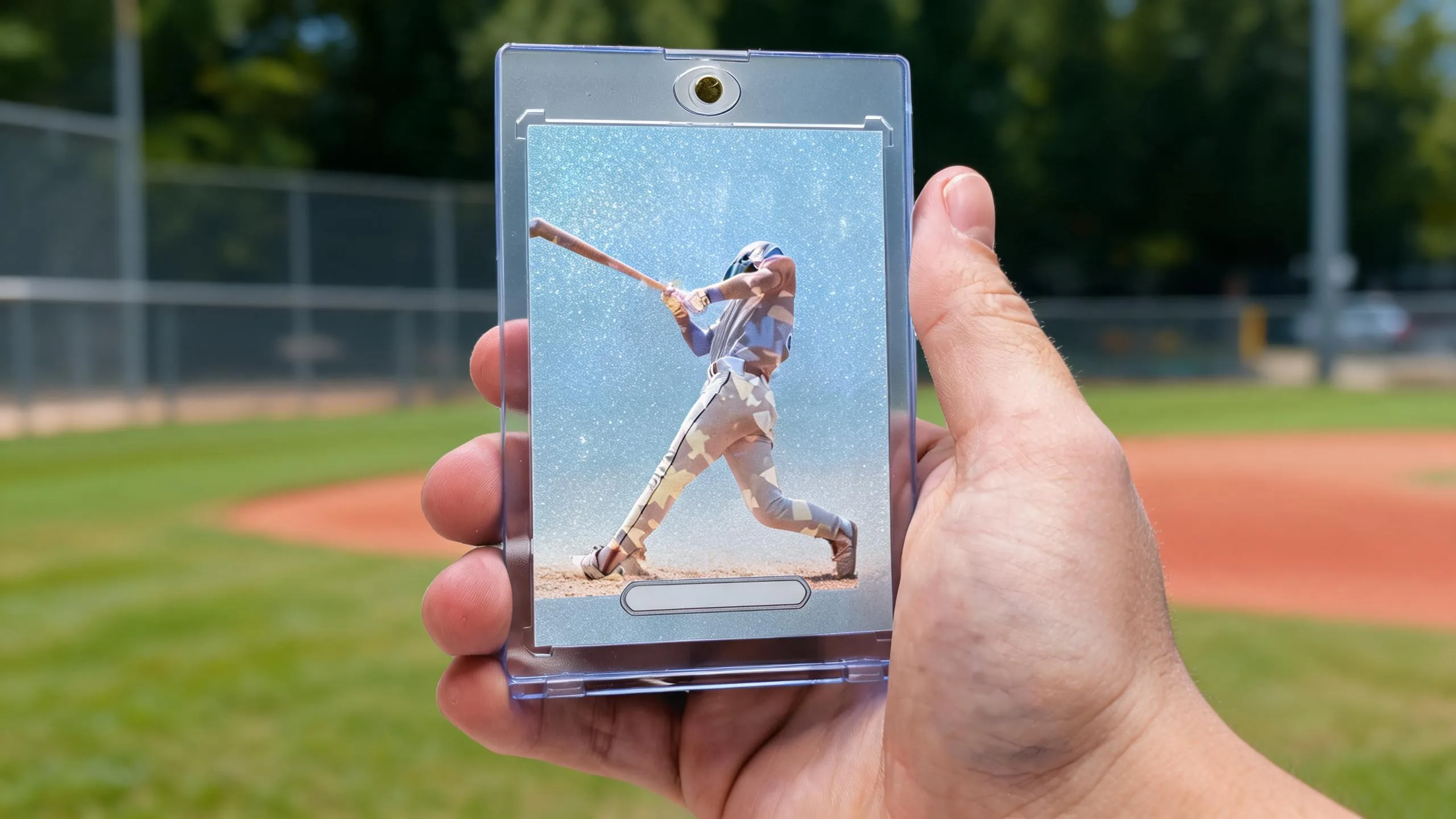 Hand holding magnetic case with custom Topps baseball card featuring silver-blue refractor swing design.