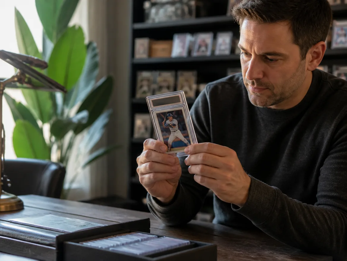 Collector admiring a premium baseball card in a protective slab