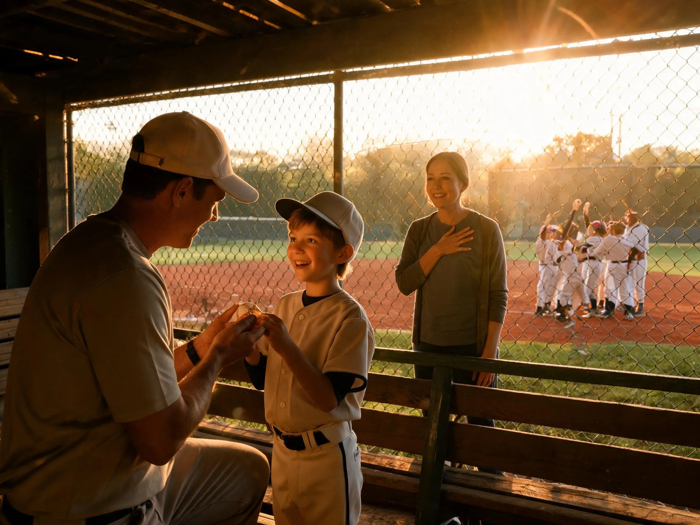 Coach and young baseball player share proud emotional moment at sunlit dugout fence.