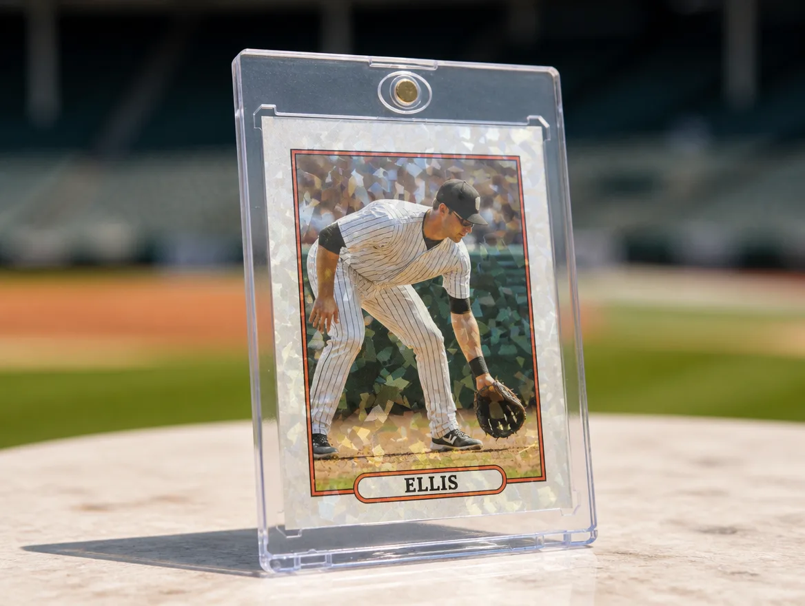 Custom premium baseball trading card displayed in a magnetic case