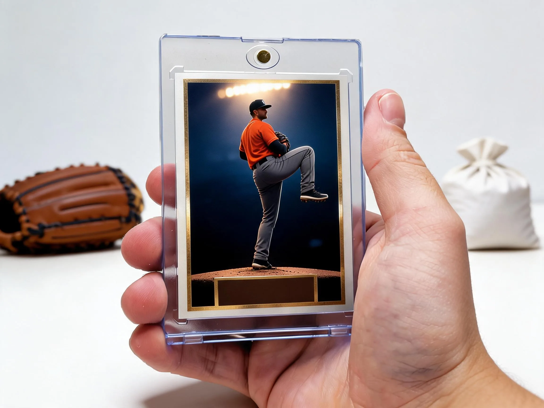 Custom baseball trading card in magnetic case showing pitcher on stadium-night design.