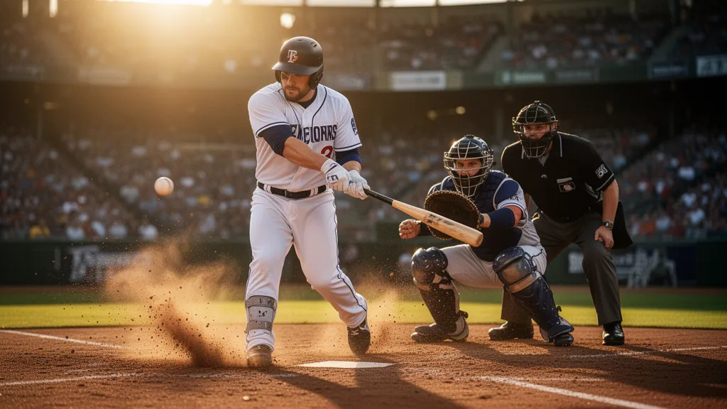Baseball player swinging at pitch during game with catcher and umpire visible behind home plate