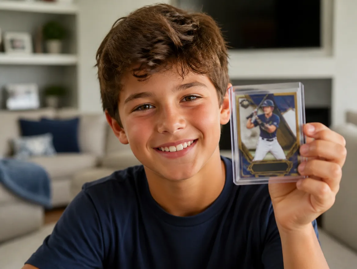 Fan holding a custom baseball card in a protective case