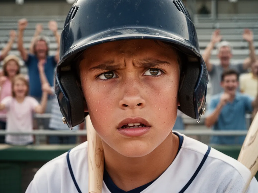 Young baseball player concentrating intensely before batting with supportive family members watching from bleachers